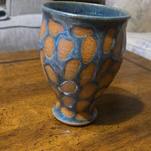 Artisan Ceramic Goblet with Blue and Tan Design